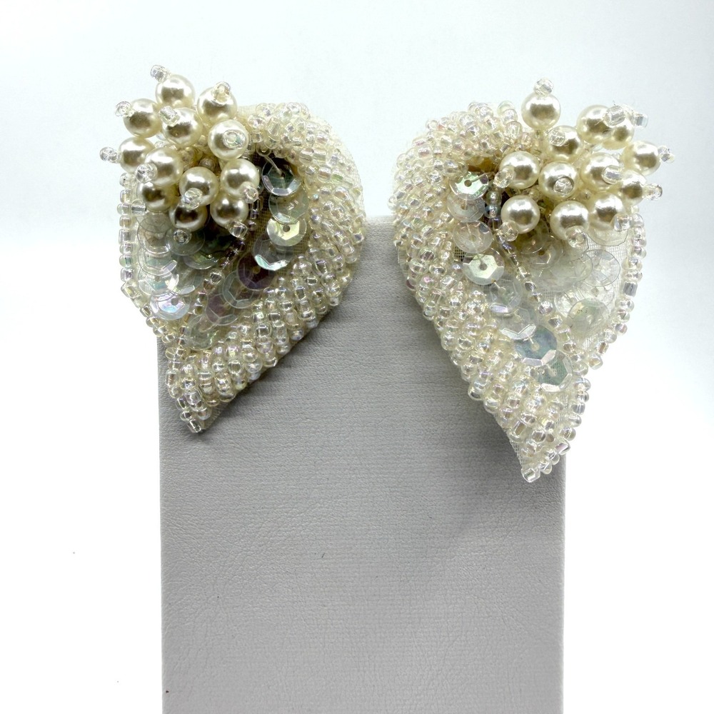 Beaded Pearl Leaf Earrings - Boho Chic Bridal Wedding Accessory